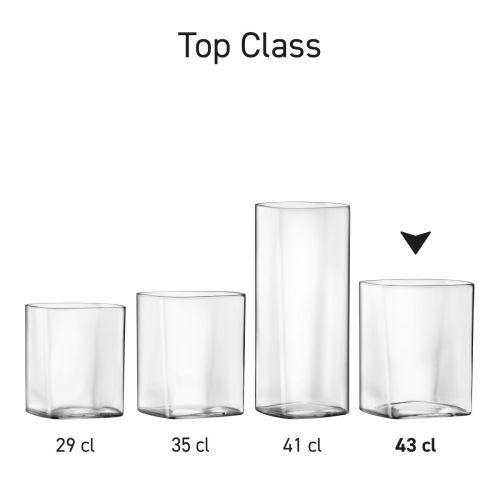 Viereckige Gläser der Serie Top Class Tumbler, dargestellt als mehrere transparente Becher nebeneinander.