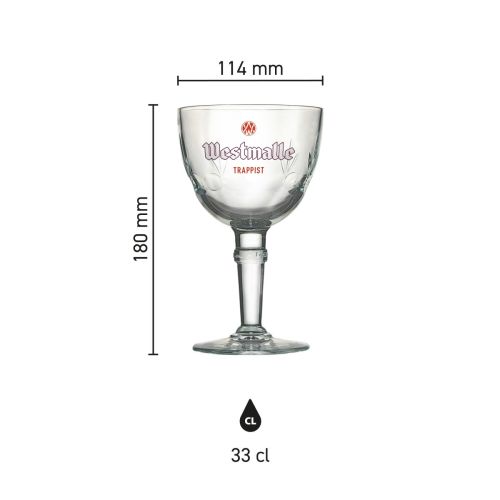 Infografik von Westmalle Bierglas 33 cl im Glas mit Abmessungen wie Höhe und Durchmesser.