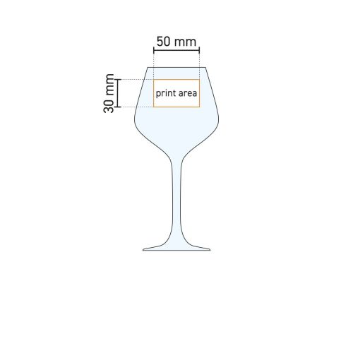 Technische Arbeitszeichnung des Arome wine 50 cl. Glases mit markiertem Druckbereich. Technische Arbeitszeichnung des Arome wine 50 cl. Glases mit markiertem Druckbereich.