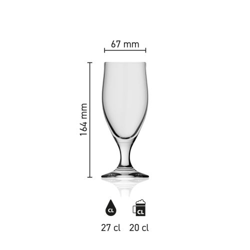 Maße des Bierglas Avano 27 cl. mit Höhe, Durchmesser und Fassungsvermögen in einer Infografik