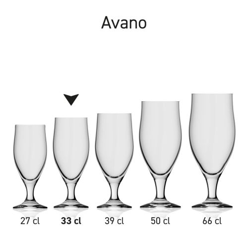 Bierglas Avano 33 cl. mehrere Exemplare nebeneinander in einer Serie dargestellt