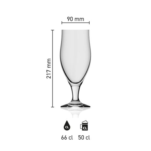 Bierglas Avano 66 cl, mit Höhe, Durchmesser und Fassungsvermögen in einer Infografik