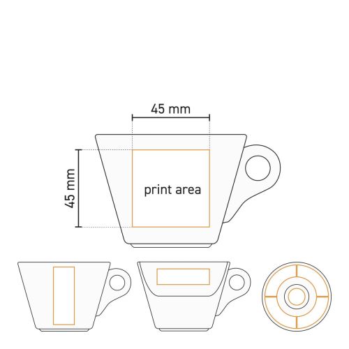 Technische Arbeitszeichnung des Druckbereichs auf Baristo Cappuccino 21 cl. SET mit Logopositionierung auf Tasse und Untertasse.