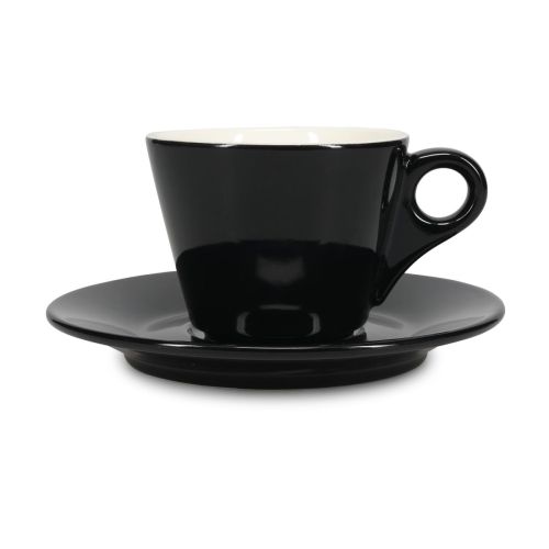 Vorderansicht von Baristo Cappuccino 21 cl. SET Porzellan mit schwarzer und weißer Tasse und passender Untertasse.