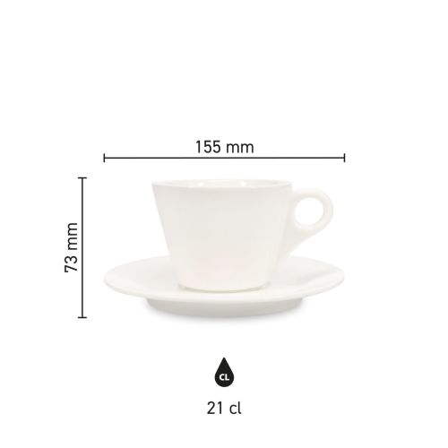 Die Infografik zeigt Höhe, Durchmesser und Fassungsvermögen von Baristo Cappuccino 21 cl. SET Porzellan.