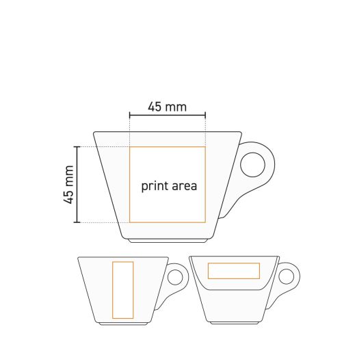 Detaillierte Arbeitszeichnung des Druckbereichs auf der Baristo Cappuccino Tasse 21 cl. Porzellan, einschließlich Positionierung des Logos.