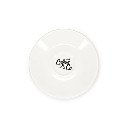 Espressountertasse aus Porzellan, 12,5 cm, mit einfarbigem CoffeeCo-Logo in der Mitte.
