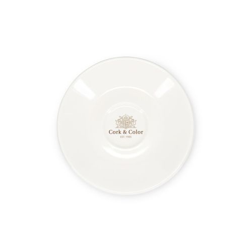 Baristo Espressoteller 12,5 cm aus Porzellan mit mehrfarbigem CorkColor-Logo in der Mitte.