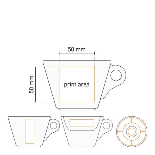 Technische Arbeitszeichnung mit Druckfläche für den Aufdruck auf dem Porzellanset Baristo Latte 28 cl.
