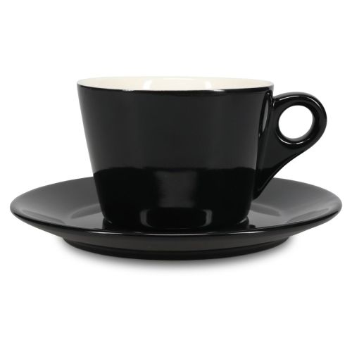 Frontalansicht von Baristo Latte 28 cl Set mit Porzellantassen in symmetrischer Anordnung.