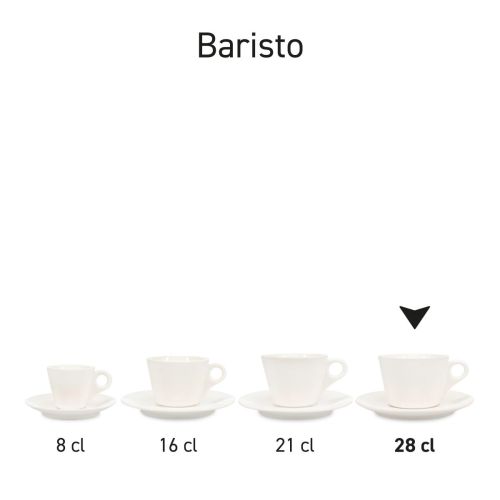 Satz identischer Porzellan-Latte-Tassen, ausgestellt als komplettes Baristo-Set.