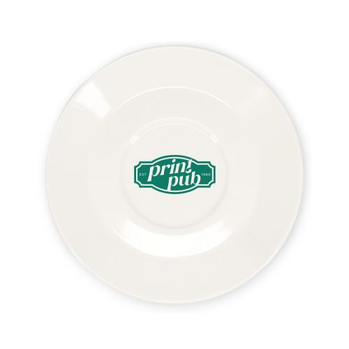 Porzellan Baristo Latte Dish 16,5 cm mit mittig platziertem PrintPub-Logo in einer Farbe.