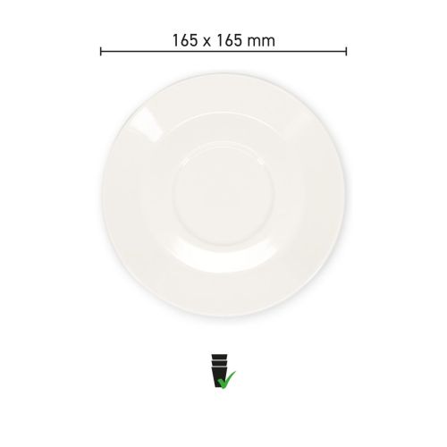 Die Infografik zeigt den Durchmesser und die Form des Baristo Latte Dish 16,5 cm aus Porzellan.