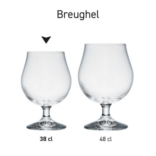 Serie von Breughel-Biergläsern mit unterschiedlichem Inhalt, gruppiert als informative Übersicht.
