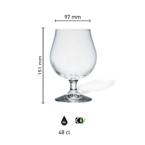 Infografik zeigt die Produktabmessungen von Breughel Bierglas 48 cl, mit Höhe und Durchmesser im Detail.