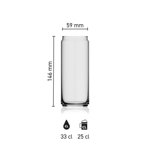 Maße des Bierglas Can 33 cl. mit Höhe, Durchmesser und Fassungsvermögen in einer Infografik