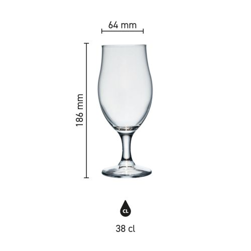 Maße des Bierglases „Executive“ (38 cl) – Höhe, Durchmesser und Fassungsvermögen in einer Infografik