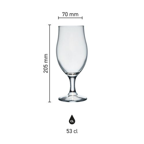 Maße des Bierglas Executive 53 cl. mit Höhe, Durchmesser und Fassungsvermögen in einer Infografik