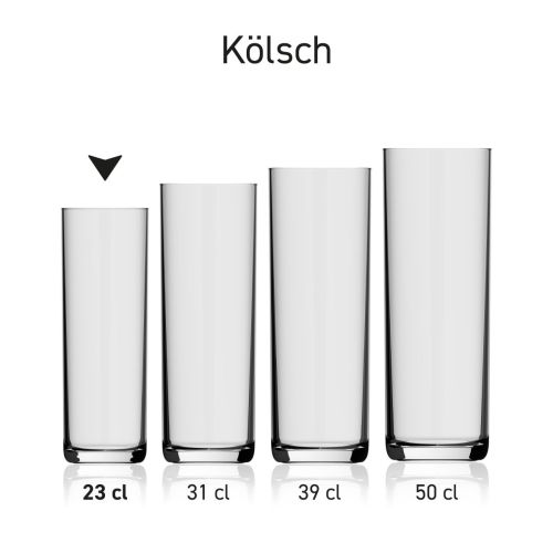 Bierglas Kölsch 23 cl. in einer Serie, mehrere Exemplare nebeneinander abgebildet