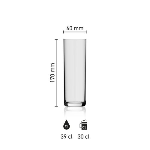 Maße des Bierglas Kölsch 39 cl. mit Höhe, Durchmesser und Fassungsvermögen in einer Infografik