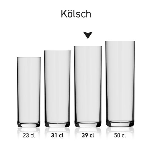 Bierglas Kölsch 39 cl. in einer Serie, mehrere Exemplare nebeneinander abgebildet