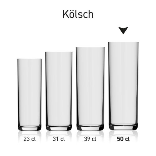 Bierglas Kölsch 50 cl. in einer Serie, mehrere Exemplare nebeneinander abgebildet