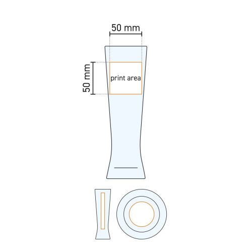 Arbeitszeichnung des Bierglases Monaco 30 cl Schankgröße mit Angabe der Druckfläche, zeigt den verfügbaren Platz für den Logodruck oder die Gravur als technische Spezifikation für die Vorlage von Druckvorlagen.