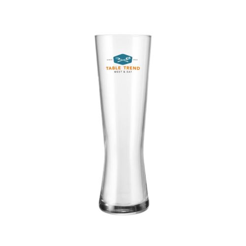 Bierglas Monaco 30 cl Zapfhahngröße mit mehrfarbigem TableTrend-Logo im Siebdruck auf der Vorderseite, Beispiel für einen vollfarbigen Logodruck auf einem transparenten Bierglas für Catering und Markenwerbung.