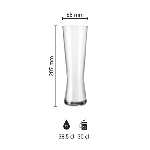 Infografik mit den Produktabmessungen des Bierglases Monaco 30 cl Zapfhahngröße, zeigt Höhe, Durchmesser und Fassungsvermögen mit Maßlinien, nützlich als technische Referenz bei der Bestellung von bedruckten Biergläsern.