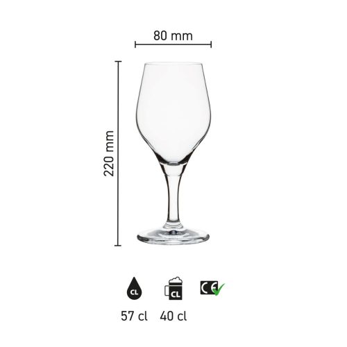 Maße des transparenten Bierglases Ronceva auf Fuß 57 cl mit Höhe, Durchmesser und Fassungsvermögen in Infografik
