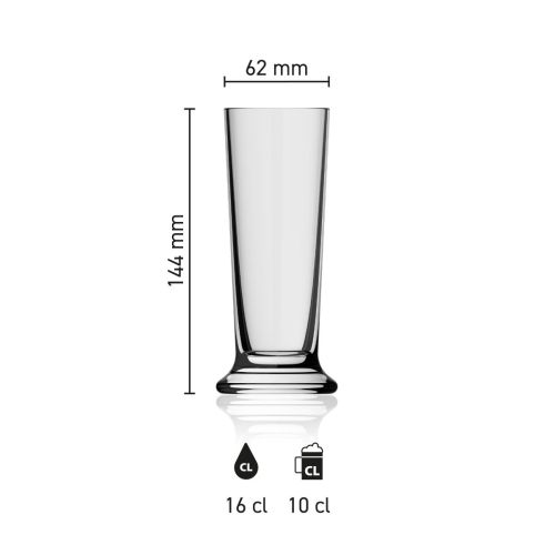 Maße des Bierglas Stange 16 cl. mit Höhe, Durchmesser und Fassungsvermögen in einer Infografik