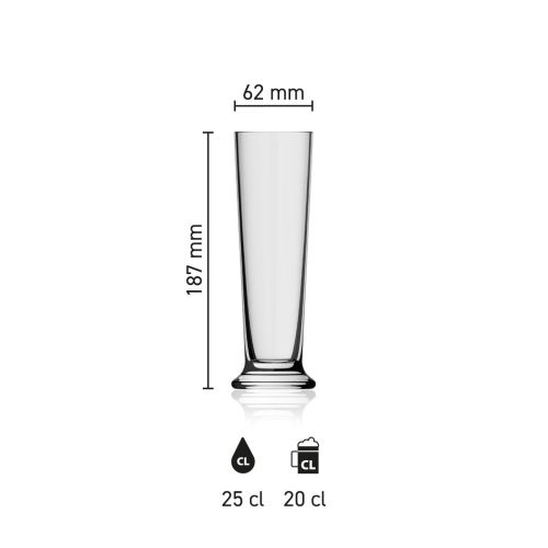 Maße des Bierglases „Stange“ (25 cl) mit Höhe, Durchmesser und Fassungsvermögen in einer Infografik