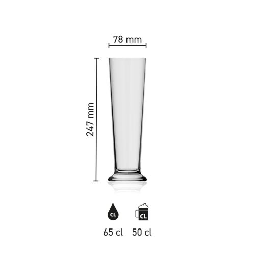 Maße des Bierglas Stange 65 cl. transparentes Glas: Höhe, Durchmesser und Fassungsvermögen in einer Infografik