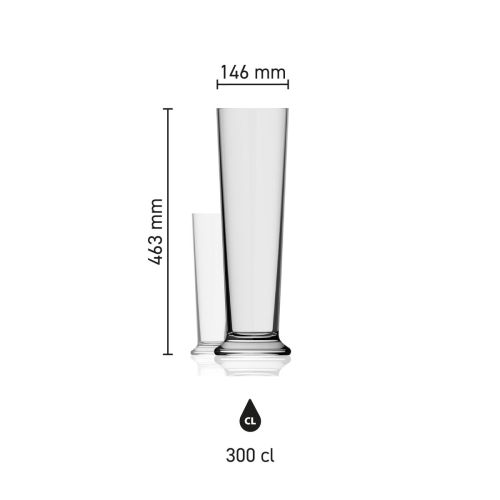 Maße des Bierglas Stange XXL 3,0 Liter transparentes Glas Höhe, Durchmesser und Fassungsvermögen in einer Infografik