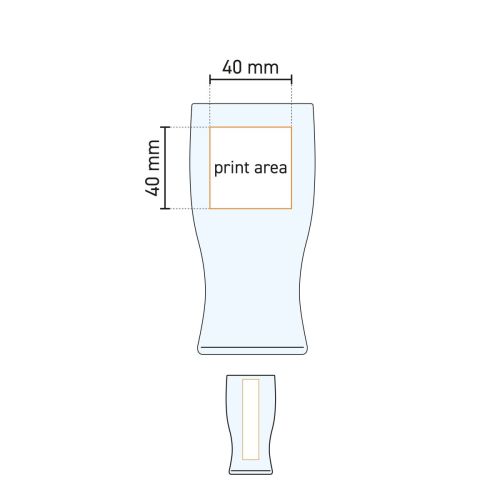 Die Arbeitszeichnung zeigt den Druckbereich auf dem Bierglas Tulip stack 28 cl, mit markierten druckbaren Bereichen.