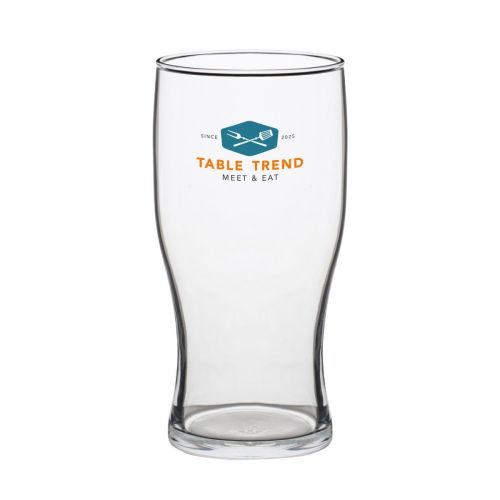Bierglas Tulip stack 28 cl mit 2-4 farbigem TableTrend-Logo auf der Vorderseite, gut sichtbar auf transparentem Glas.