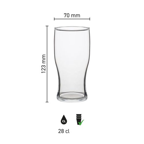 Infografik mit Abmessungen des Bierglases Tulip stack 28 cl, einschließlich Höhe und Durchmesser im Überblick.