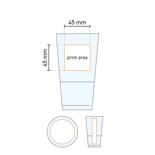 Technische Konstruktionszeichnung des Bierglases Vaasje 25 cl. mit Angabe des Druckbereichs