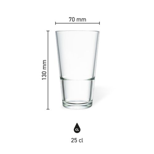 Maße des Bierglases Vaasje 25 cl. aus Glas mit Höhe, Durchmesser und Fassungsvermögen in einer Infografik