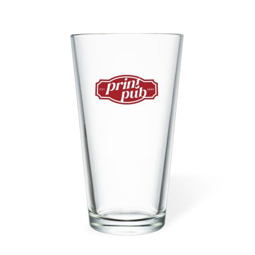 Bierglas Konisch 34 cl. mit einfarbigem PrintPub-Logo auf der Vorderseite, bedruckt in schwarz.
