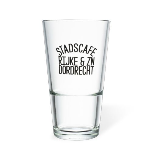Transparentes Bierglas Vase Stack 34 cl Glas mit einfarbigem Logo von Stadscafé Rijke &amp; zn Dordrecht auf der Frontplatte