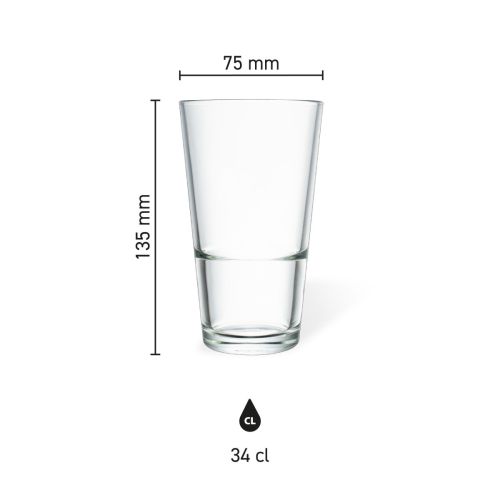 Infografik mit Abmessungen von Bierglas Stapelbar 34 cl. einschließlich Durchmesser und Höhe.