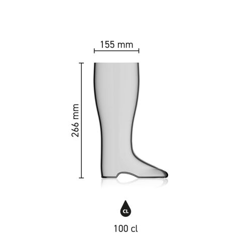 Maße des Bierstiefel 1,0 Liter mit Höhe, Durchmesser und Fassungsvermögen in einer Infografik