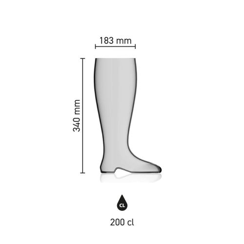 Maße des Bierstiefel 2,0 Liter mit Höhe, Durchmesser und Fassungsvermögen in einer Infografik
