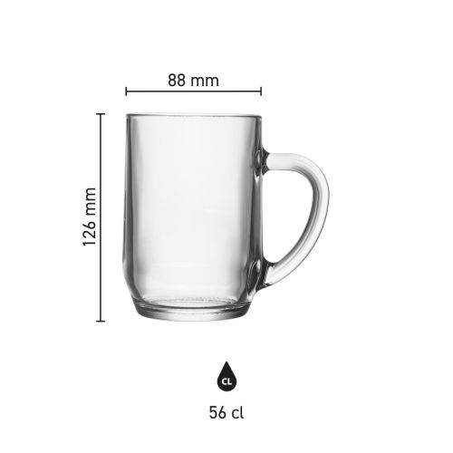 Infografik mit den technischen Abmessungen des Hayworth-Bierkrugs 56 cl, einschließlich Inhalt und Höhe.