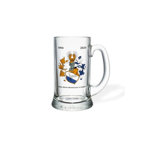 Bierkrug Icon 25 cl. mit mehrfarbigem Maria-Montessori-Logo auf der Vorderseite