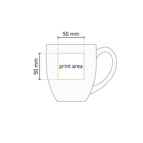 Technische Zeichnung von Big Drink Becher 45 cl. Porzellan mit markierter Druckfläche. Technische Zeichnung von Big Drink Becher 45 cl. Porzellan mit markierter Druckfläche.