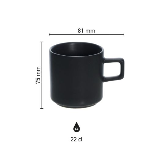 Infografik zeigt Höhe, Durchmesser und Fassungsvermögen der Blackwell Porzellan-Kaffeetasse 22 cl.