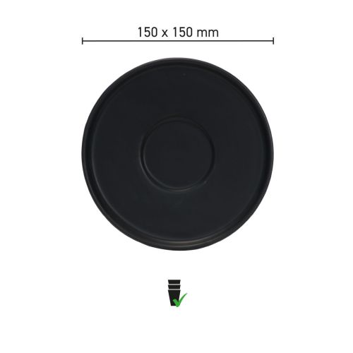 Infografik mit den Produktabmessungen der 15 cm großen Blackwell Kaffeeuntertasse aus Porzellan.