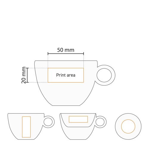 Technische Arbeitszeichnung von Bola Cappuccino 20 cl Set aus Porzellan mit Angabe der Druckfläche auf beiden Artikeln.